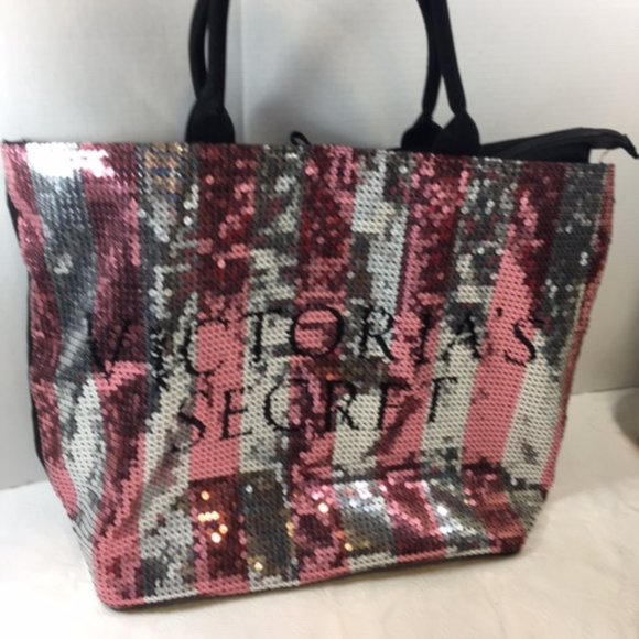 Victoria's Secret Extra Large Glam Sequined Canvas Zip Tote Travel Bag 21"x15" - Picture 1 of 9
